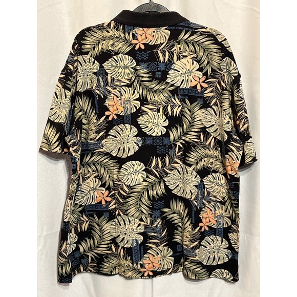 Island Tropics Leaf Print Polo Shirt XL Black Orange Green Short Sleeve Mens Cot - Picture 2 of 8